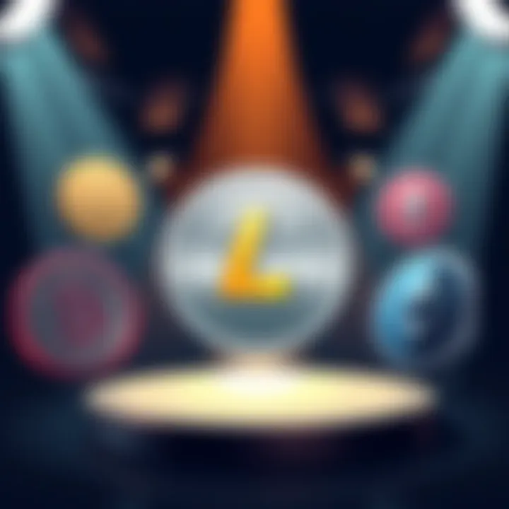 An illustration showing Litecoin logo surrounded by symbols of other cryptocurrencies like Bitcoin and Ethereum, highlighting its lower visibility in discussions.