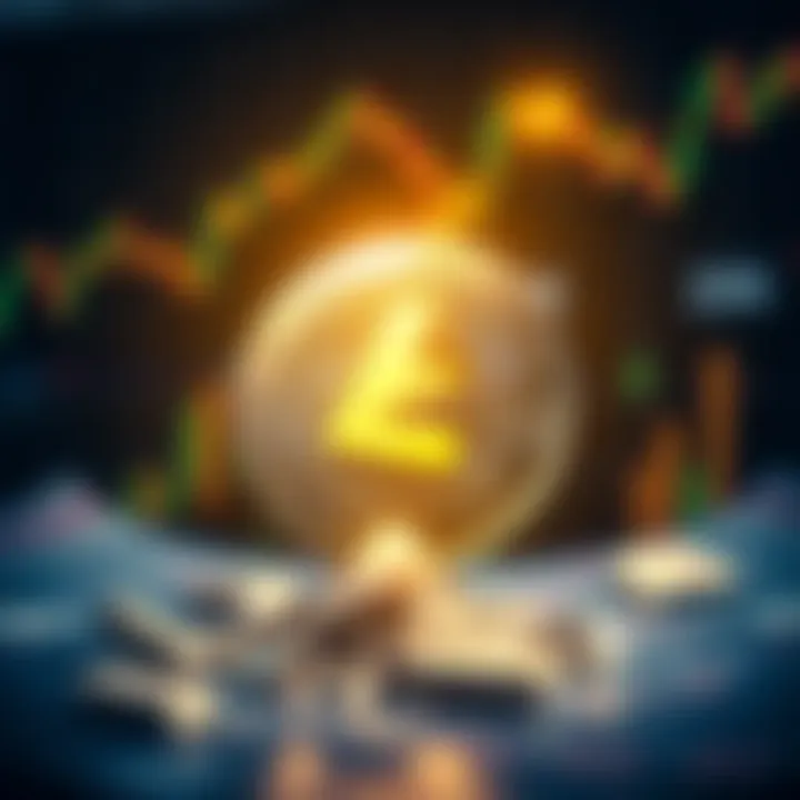 A graphic showing a rising Litecoin symbol with a background of financial charts to illustrate potential growth