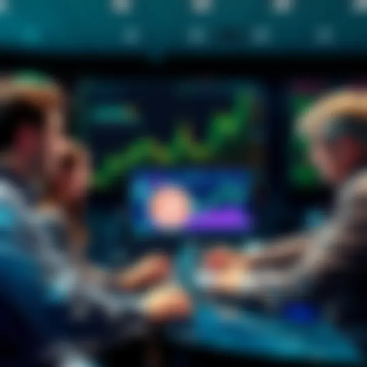 Litecoin Trading Discussion A group of traders discussing Litecoin market trends with charts and graphs in front of them.