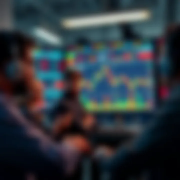 Litecoin Trading Discussion Traders engaging in a discussion about Litecoin trading strategies with charts and graphs on the screen.