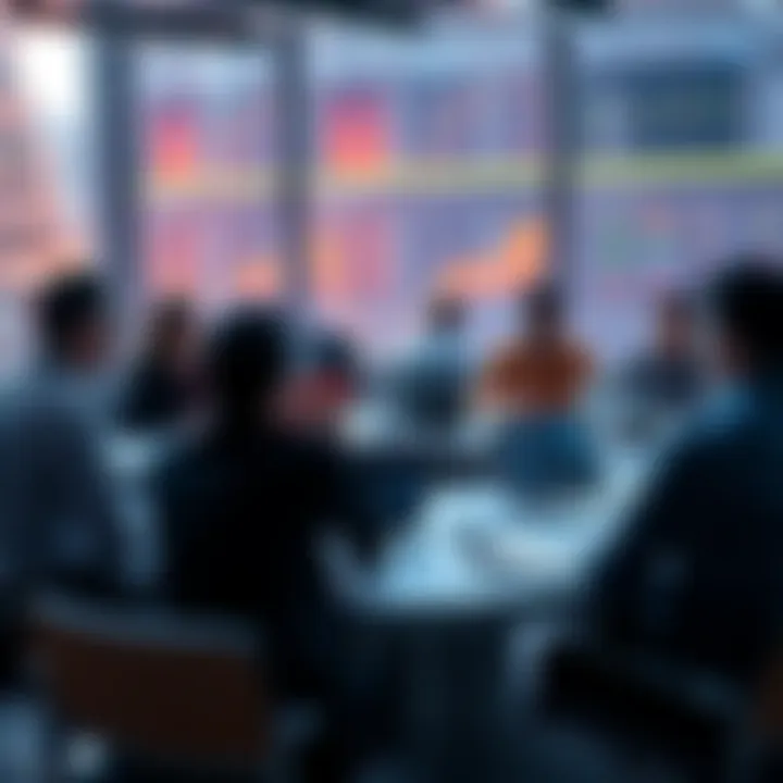 A group of people discussing Litecoin trading strategies and market analysis at a round table with charts and laptops in front of them