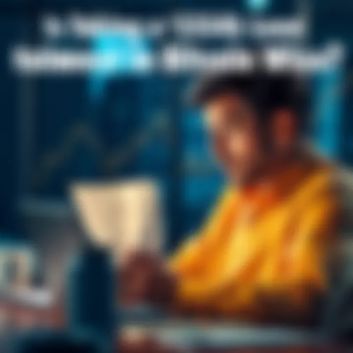 A person looking at financial documents with a laptop open, thinking about taking a loan to invest in Bitcoin.