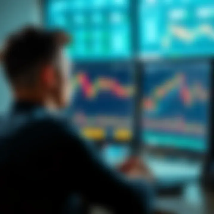 A person looking at a computer screen with financial charts and crypto coins, contemplating a loan for a full coin purchase