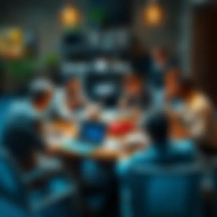 A group of diverse people discussing crypto exchange strategies at a round table, with charts and laptops on the table.