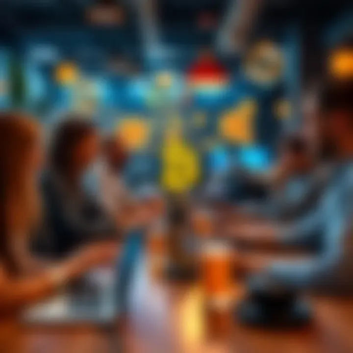 A group of people chatting and networking at a local Bitcoin meetup with laptops and drinks on a table