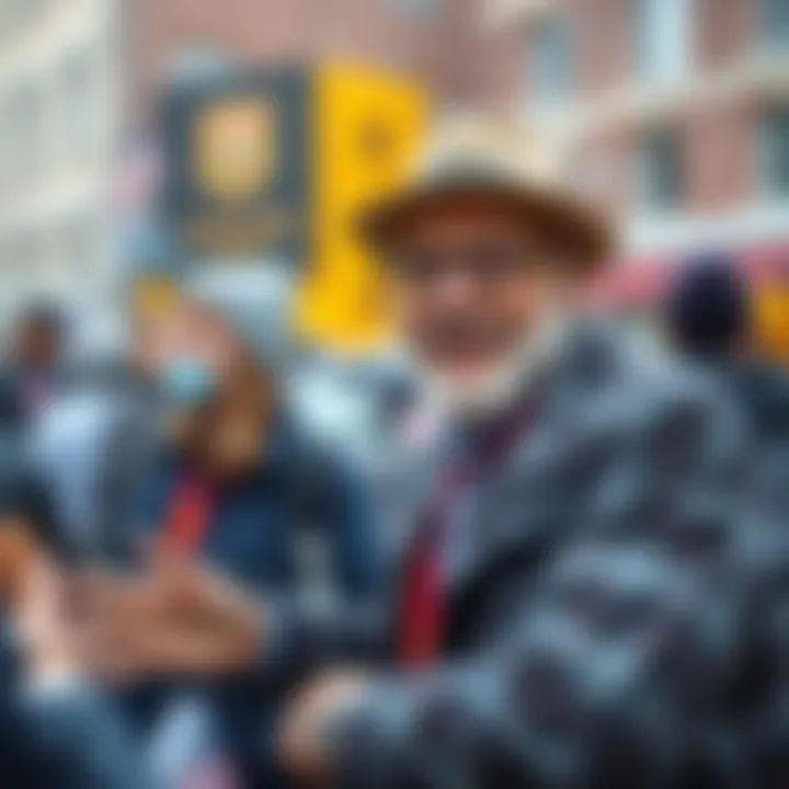 A local leader smiling while encouraging people to buy badges in the town square.