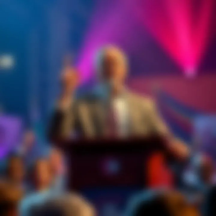 A local politician stands confidently at a podium, addressing a crowd with a determined expression, signaling their authority in the mayorship contest.