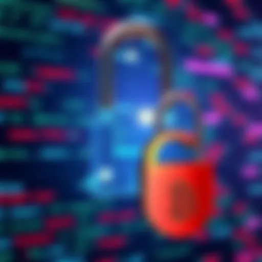 A digital lock and key representing the security of seed phrases in cryptocurrency, surrounded by a computer code background.