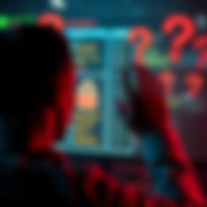 Person looking at a screen showing locked options with question marks around, expressing confusion