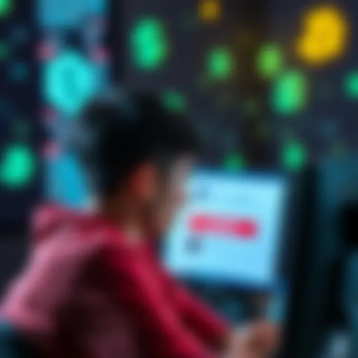 A person looking frustrated while viewing a locked account screen on a computer, with currency symbols in the background.
