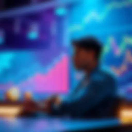 A calm scene showing a person thinking about long-term investment strategies in cryptocurrency, with graphs and charts in the background.