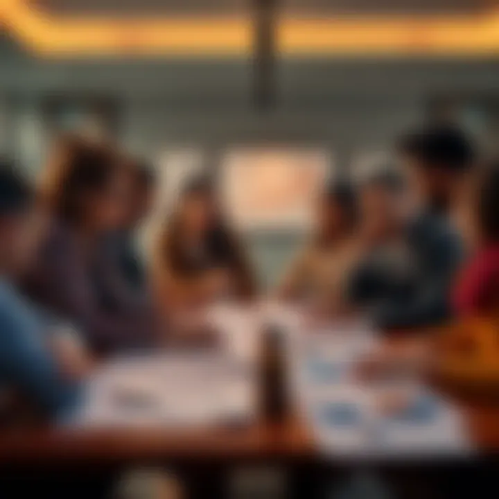 A group of diverse people discussing investment plans around a table, showing graphs and charts, symbolizing long-term holding strategies.