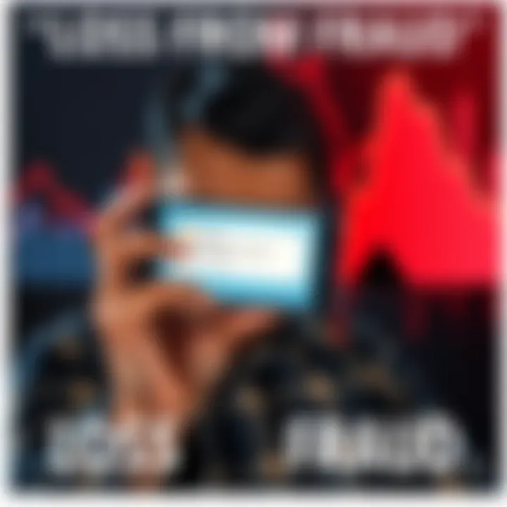 A person looks distressed while holding a phone showing a message about losing money to a scam. The background shows a financial graph with a downward trend.