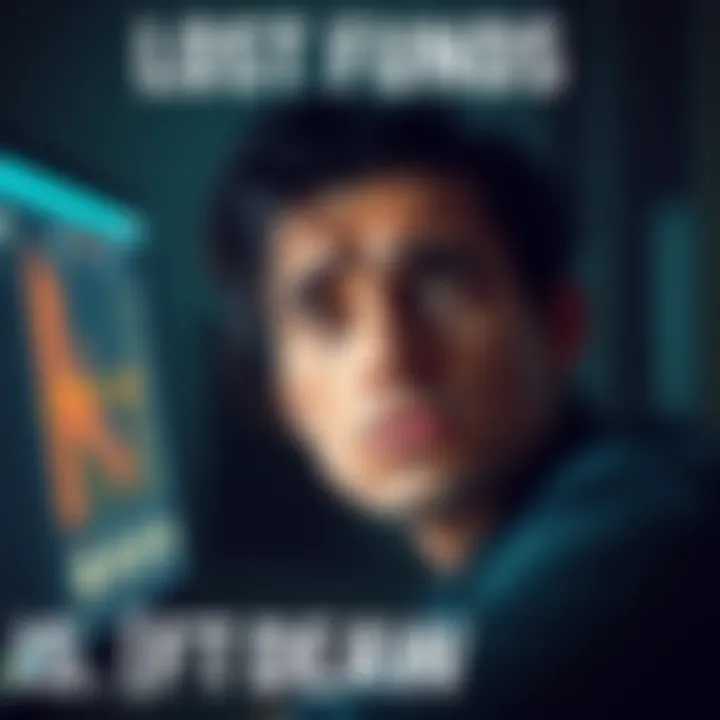 A person looking frustrated at a computer screen showing a locked financial account, seeking help to access lost money.