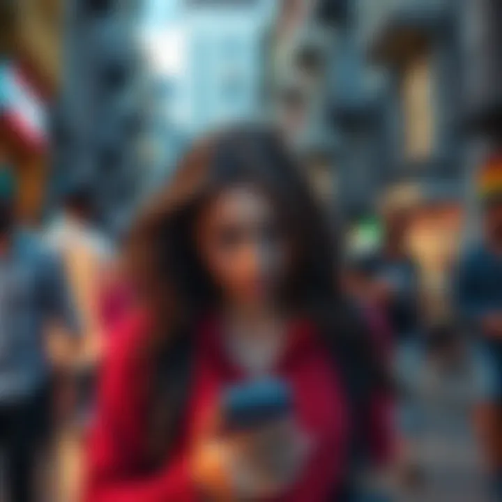 A traveler looks distressed while searching for a lost phone in a busy street in Brazil, symbolizing the risk of losing digital access to banking while traveling.