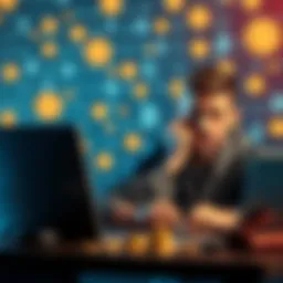 A person looking worried while checking their crypto wallet on a laptop, with a background showing digital currency symbols.