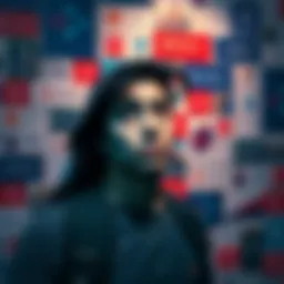 Lost in Cardano Community A person looking confused in front of a wall covered with Cardano logos and community posts, symbolizing disconnect after recent events.