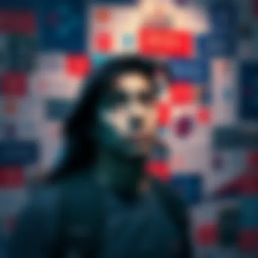 Lost in Cardano Community A person looking confused in front of a wall covered with Cardano logos and community posts, symbolizing disconnect after recent events.