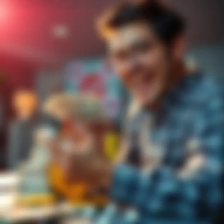 A person excitedly checks their lottery winnings while contemplating investing in Bitcoin, with stacks of cash and a Bitcoin symbol nearby.