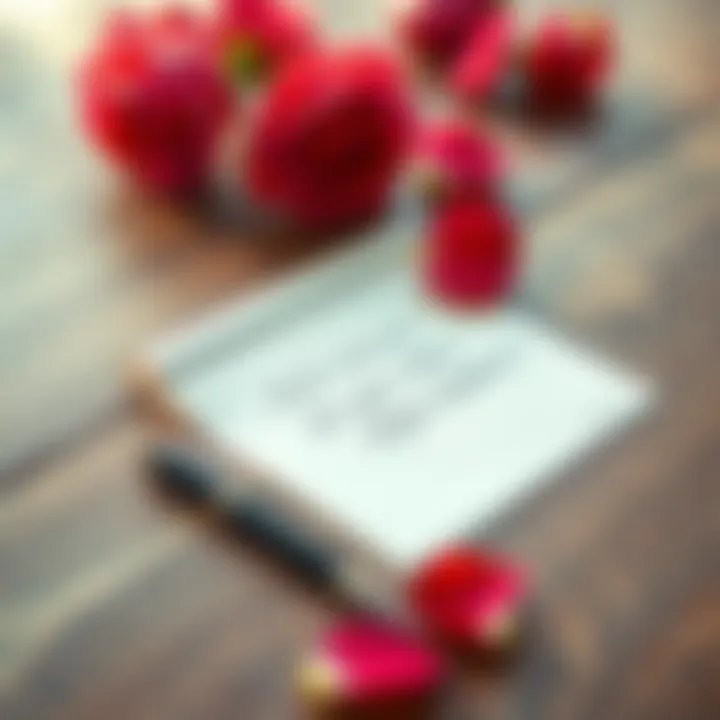 A handwritten love letter on a wooden table next to a pen and rose petals