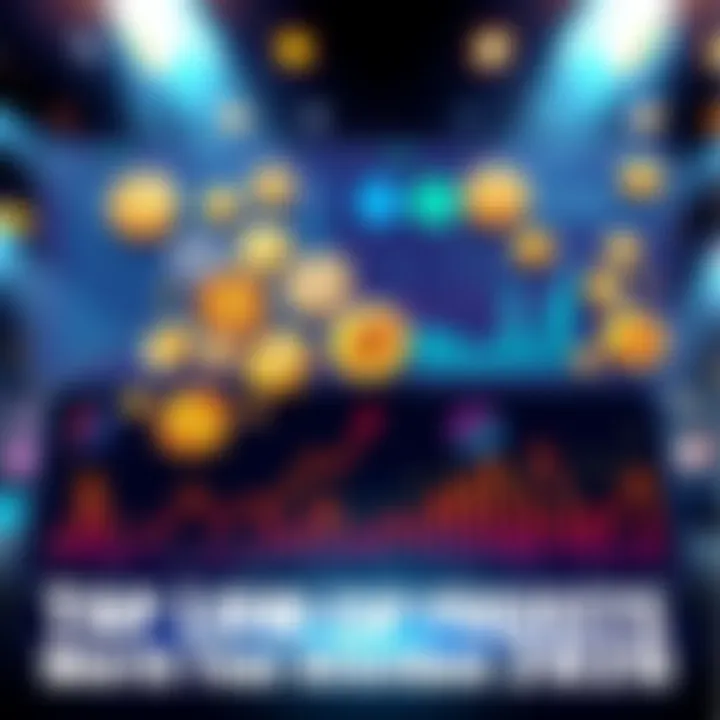 An illustration showing various low-cap cryptocurrency tokens with growth charts and analytical graphs, highlighting potential gains and strategies.