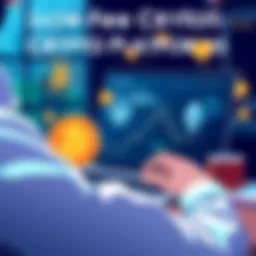 Illustration of a person using a laptop to buy Bitcoin and Ethereum on a low-fee platform in Canada, with icons representing cryptocurrencies and a digital wallet