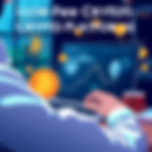 Illustration of a person using a laptop to buy Bitcoin and Ethereum on a low-fee platform in Canada, with icons representing cryptocurrencies and a digital wallet