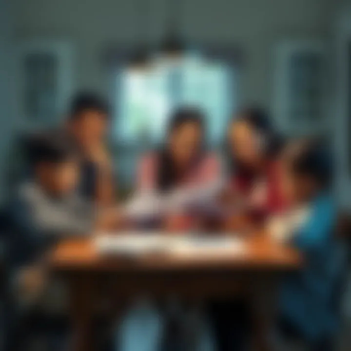 A low-income family sitting at a kitchen table, reviewing financial documents and discussing their options, with expressions of concern and contemplation on their faces.
