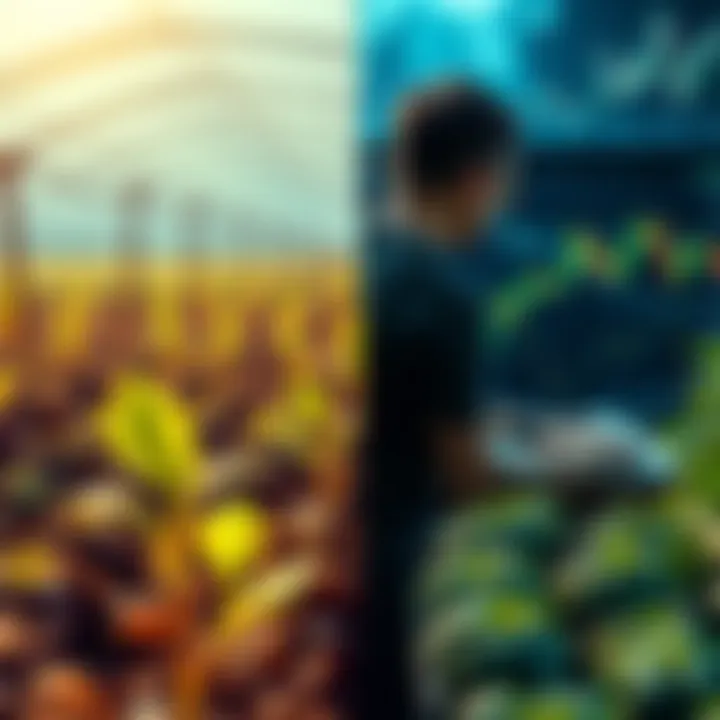 A split image showing a farmer planting seeds in one half and a trader analyzing charts on the other half, symbolizing different investment strategies in cryptocurrency.