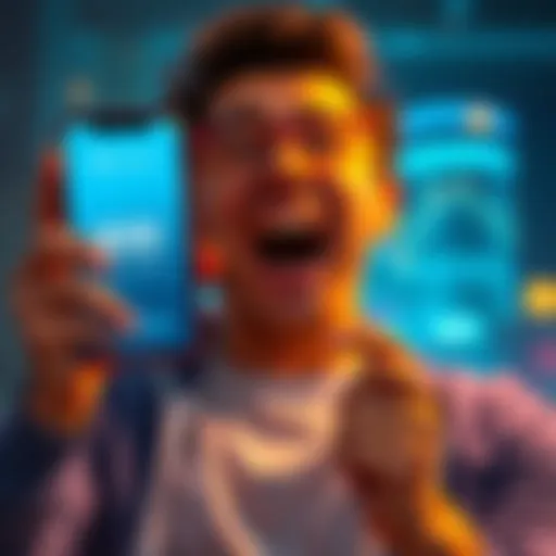 A person excitedly holding a smartphone displaying the Litecoin price at $55, showing enthusiasm for investing.