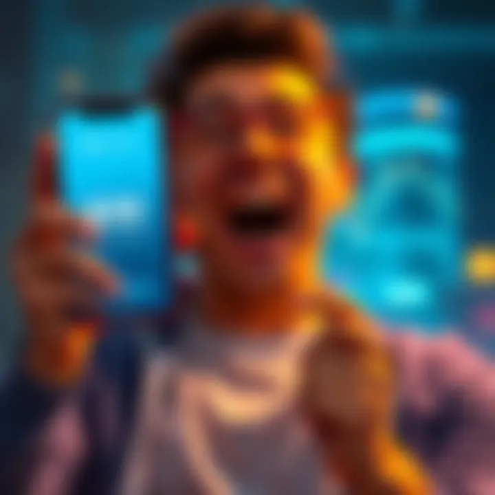 A person excitedly holding a smartphone displaying the Litecoin price at $55, showing enthusiasm for investing.