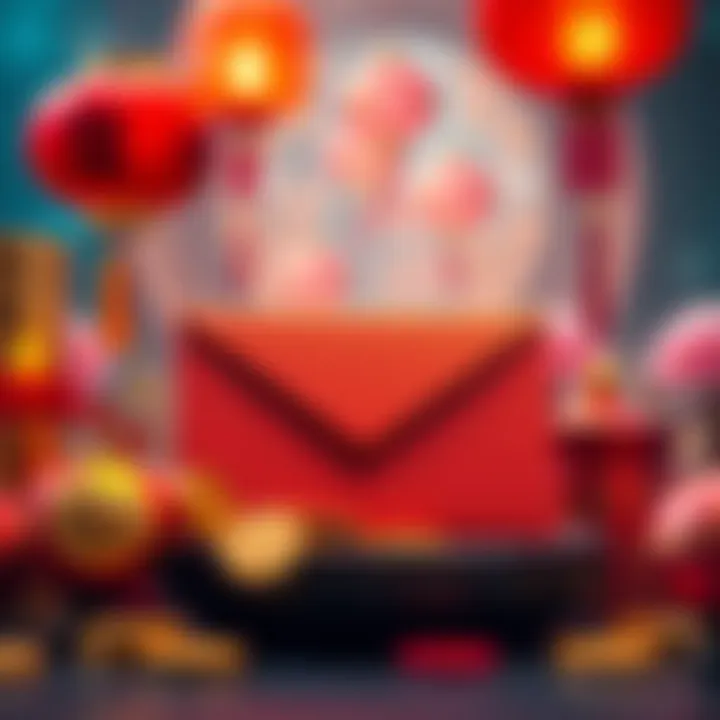 A vibrant red envelope with gold accents, symbolizing a Lunar New Year gift, surrounded by festive decorations like lanterns and coins.