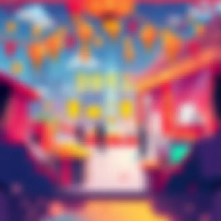 A vibrant illustration of a Lunar New Year celebration with festive decorations, traders engaging on a platform, and prizes like gold bars and gaming consoles in the background.