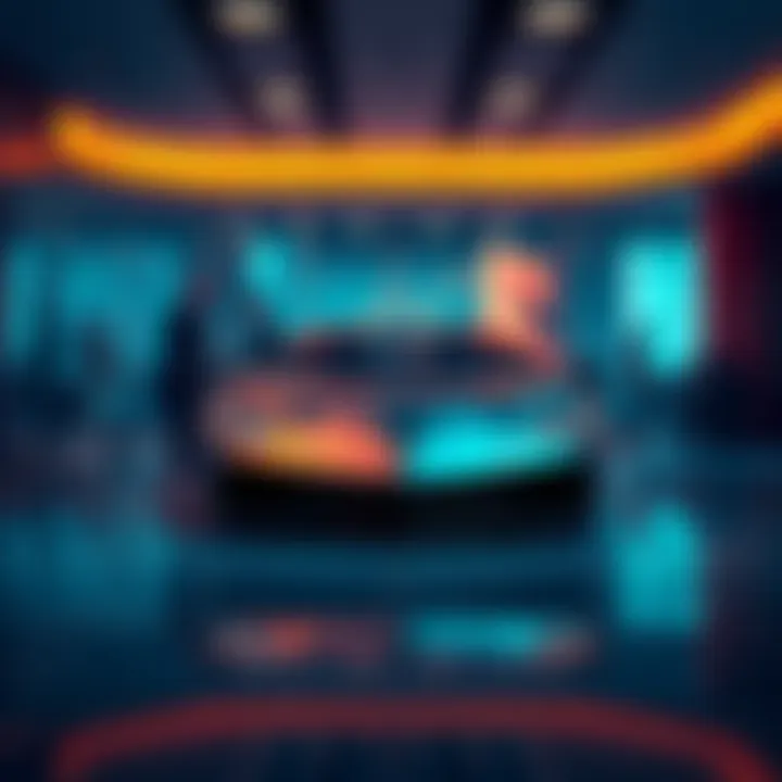 Luxury Car Purchase Dilemma A luxury car showroom with a Lamborghini prominently displayed, reflecting the market's ups and downs, showcasing potential buyers deep in thought.