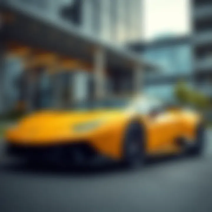 A sleek yellow Lamborghini parked in front of a modern building, symbolizing luxury and automotive dreams.