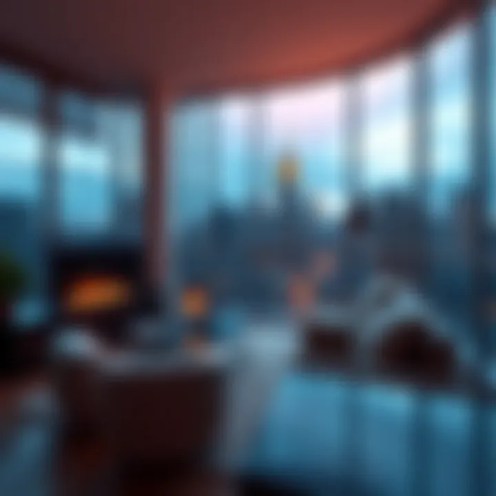 A stunning two-bedroom apartment in New York City with a city skyline view, showcasing modern design and upscale features.