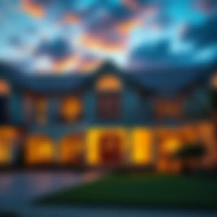 A luxury home exterior with cryptocurrency symbols displayed, illustrating the connection between high-end real estate and digital currency.