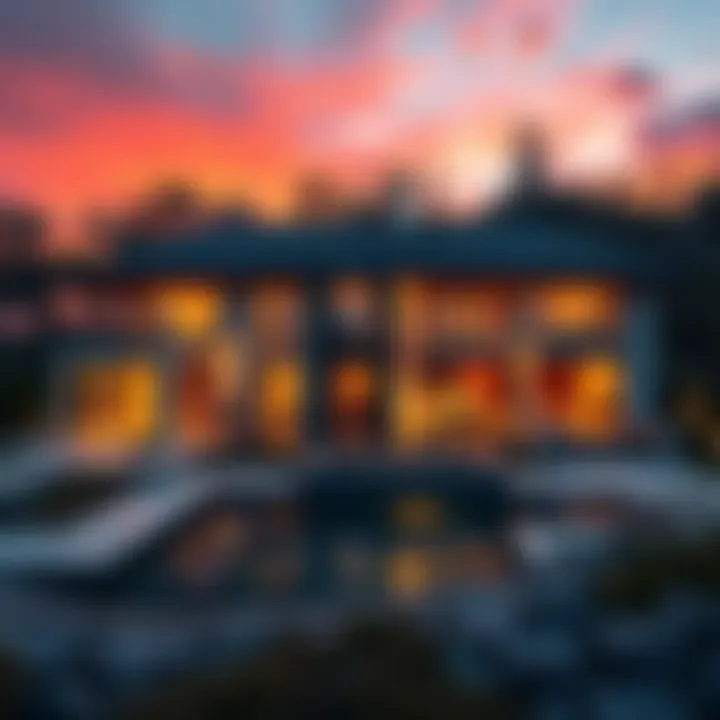 High-end mansion listed for sale, showcasing modern architecture and a beautiful landscape, highlighting its price in Bitcoin.