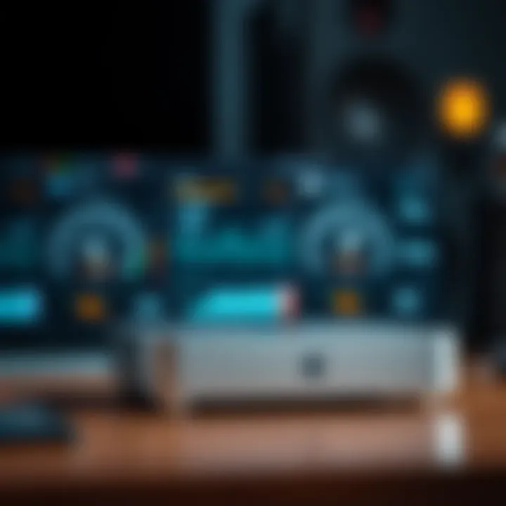 A close-up view of a Mac Mini with speed metrics displayed on the screen, highlighting its impressive performance