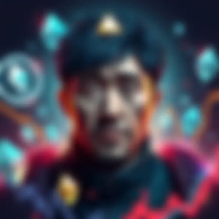 A digital representation of Machi Big Brother looking concerned, surrounded by Ethereum symbols and declining graphs, indicating financial losses.