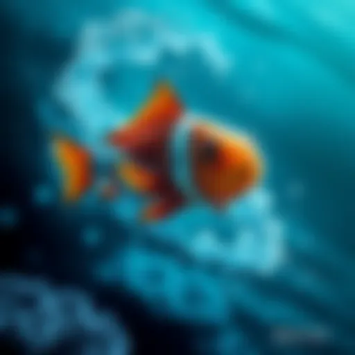 MACKE, a unique sea creature, swims energetically through ocean currents, symbolizing his journey and transformation in the Ethereum ecosystem.