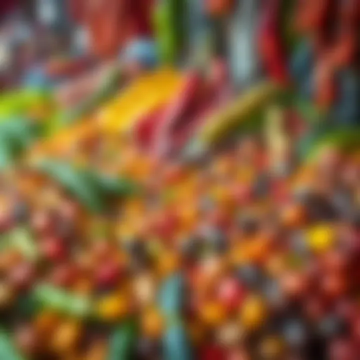 Magic beans in a market setting A close-up of vibrant magic beans being sold at a market, showcasing their unique colors and textures