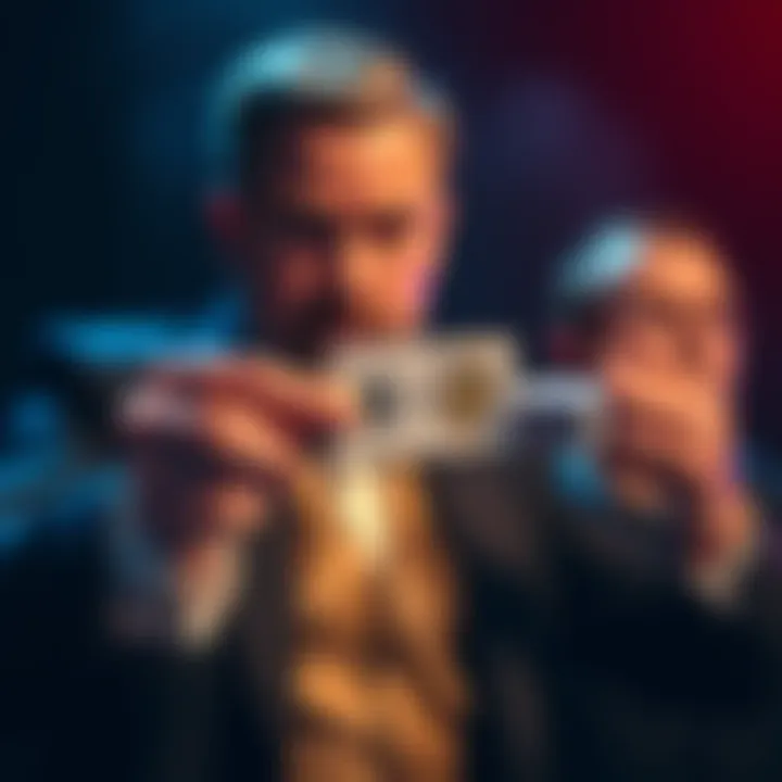 A magician holds a card while a volunteer looks on, showcasing a magic trick involving number guessing.