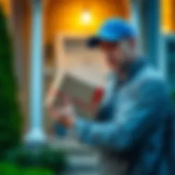 A mailman holding a package requiring unpaid postage, looking confused outside a house
