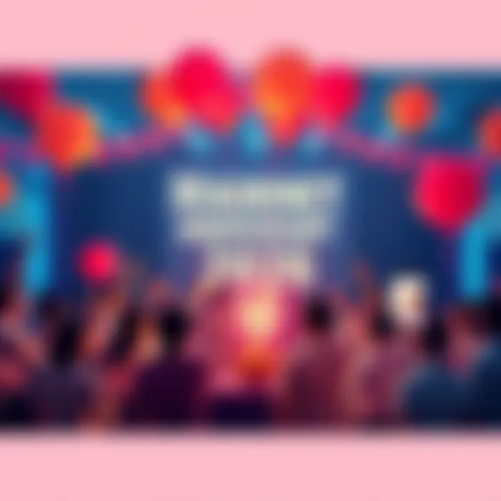 People celebrating the Mainnet Anniversary with balloons and banners in a blockchain-themed setting