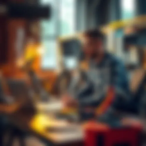 A maintenance professional sits at a desk with tools and a laptop, contemplating the next steps for their new business venture, reflecting on their past experiences.