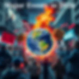 A collage showing key events from 2026, featuring a globe, protest signs, and technology advancements