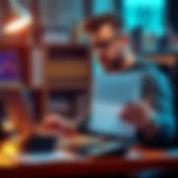 A man sitting at a desk reviewing Bitcoin charts on a laptop with a bank transfer form in hand
