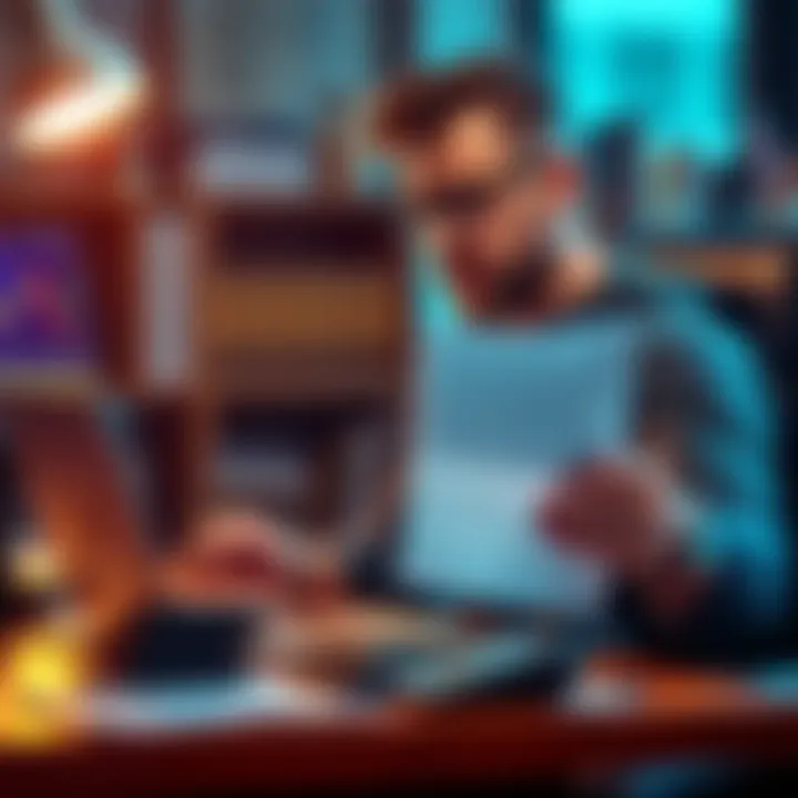 A man sitting at a desk reviewing Bitcoin charts on a laptop with a bank transfer form in hand