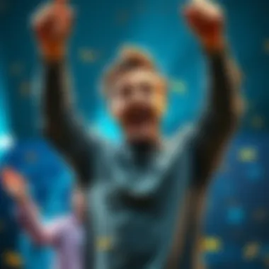 Man celebrating recovery of lost Bitcoin Man joyfully celebrating after finding ยฃ3.3 million worth of lost Bitcoin, with a surprised expression and arms raised in excitement.